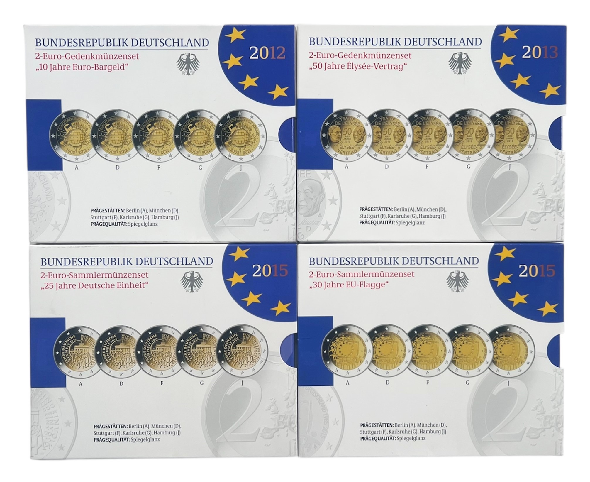 BRD 2012-2015 Lot 4 Sets mit 5 x 2 Euro Gedenkmünzenset in PP