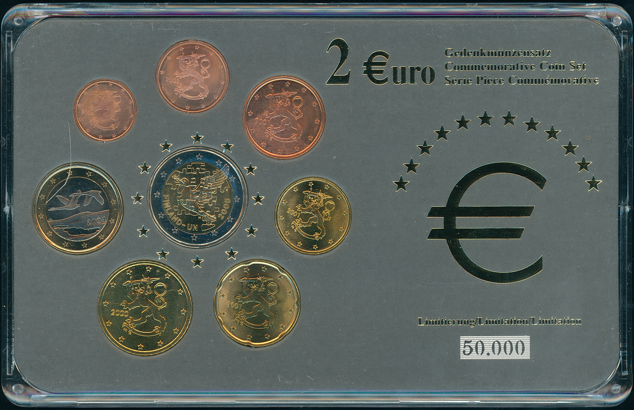 FINNLAND Gedenkmünzensatz mit 2 Euro 2005 60 Jahre UNO, 50 Jahre Finnland Mitglied