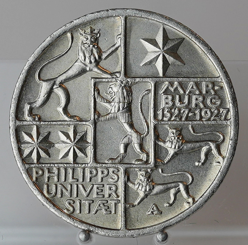 WEIMAR 3 Reichsmark 1927 A, Philipps-Universität Marburg, Jaeger 330 WEIMAR 3 Reichsmark 1927 A, Philipps-Universität Marburg, Jaeger 330