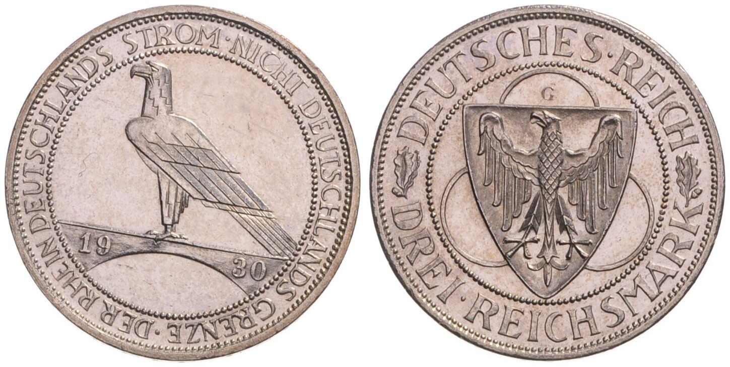 WEIMAR 3 Reichsmark 1930 G, Rheinland-Räumung, Jaeger 345