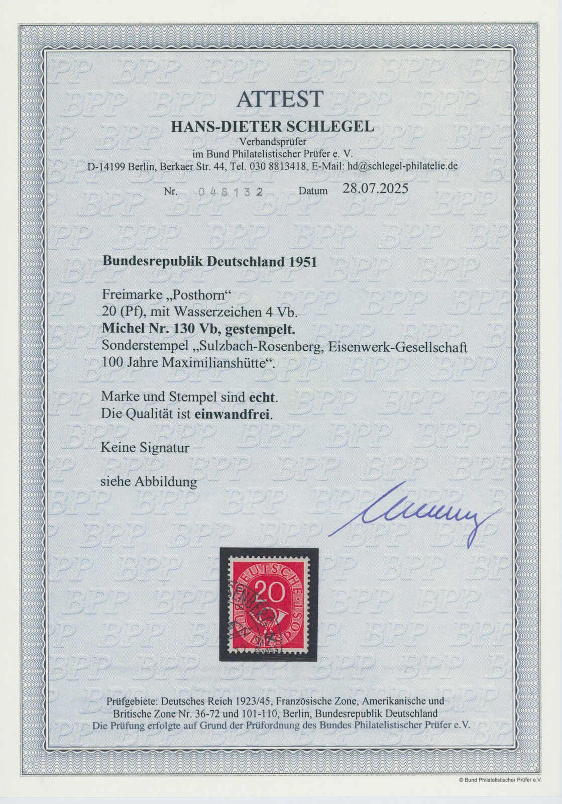 BRD 1951 MiNr. 130 Vb Wasserzeichen-Seltenheit