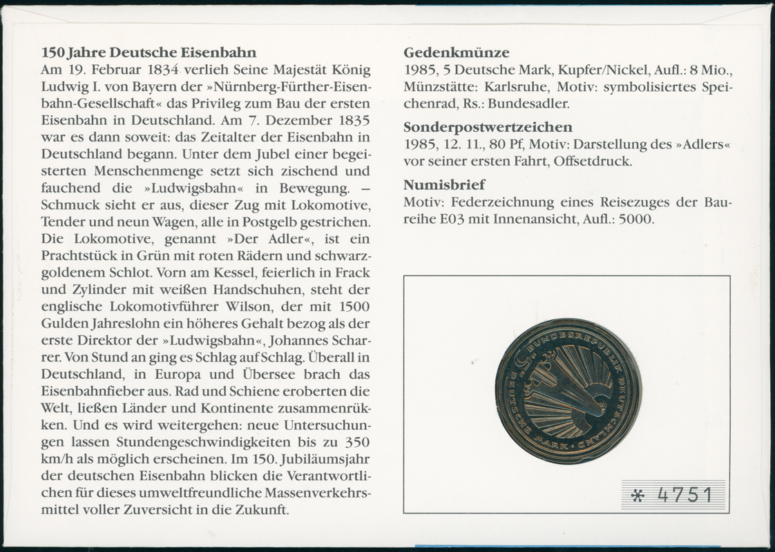 BRD 1985/1985 Numisbrief 150 Jahre Deutsche Eisenbahn