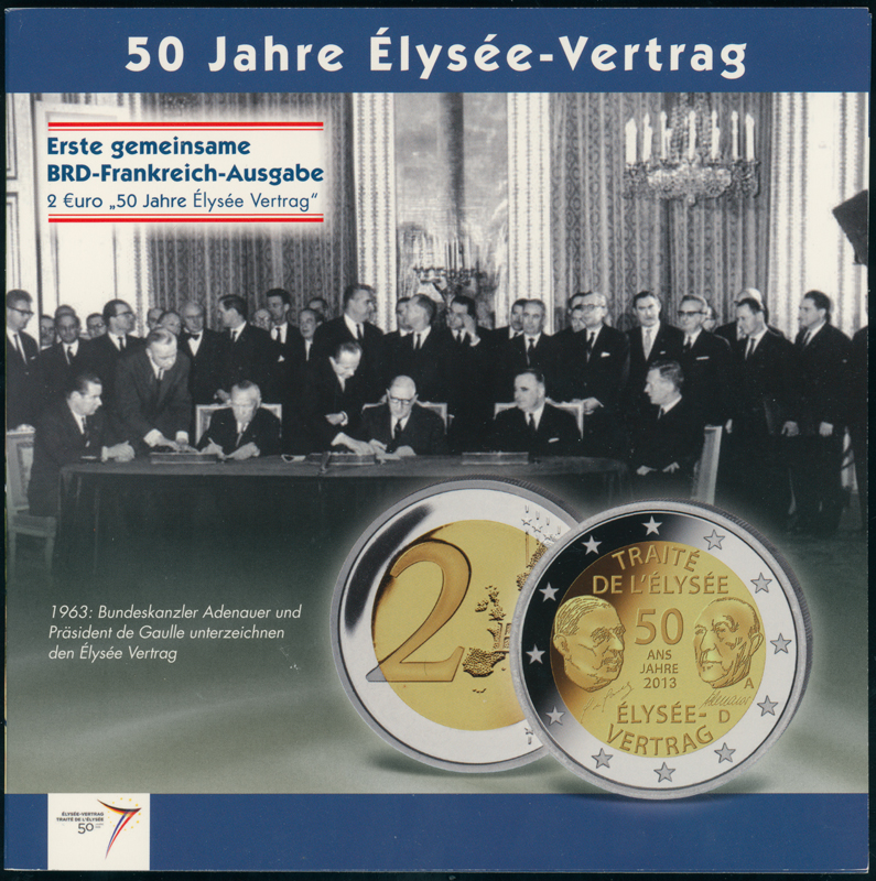 BRD 2013 50 Jahre Élysèe-Vertrag 5 x 2 Euro in schönem Folder