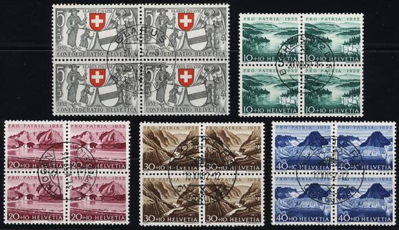 SCHWEIZ 1952 MiNr. 570-574 Viererblocks zentrisch gestempelt