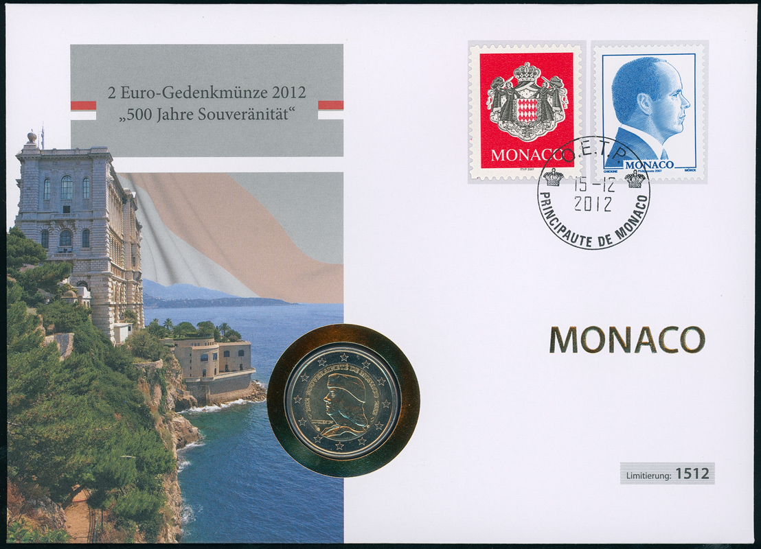MONACO 2012 Numisbrief 2 Euro 2012 Lucien Grimaldi 500 Jahre Souveränität