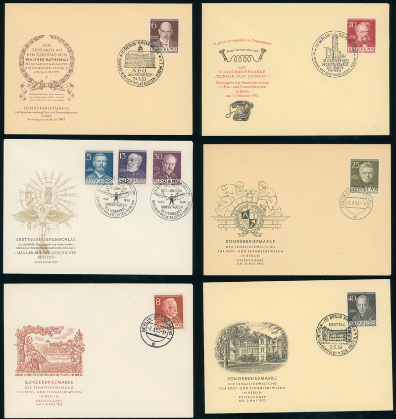 BERLIN 1952/1953 ex MiNr. 91-100 amtliche Ersttagsbriefe