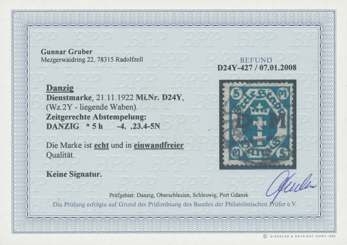 DANZIG DIENST 1922 MiNr. D 24 Y
