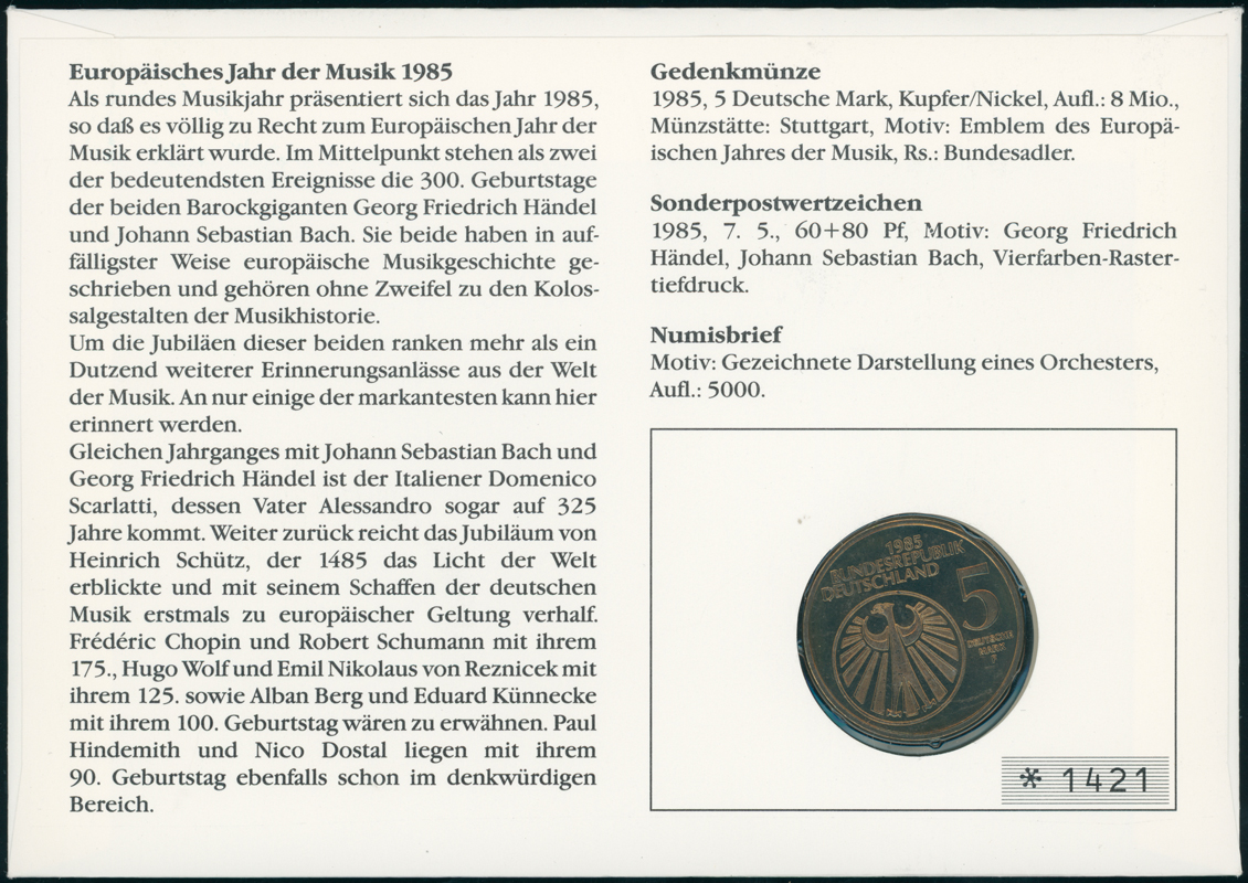 BRD 1985/1985 Numisbrief Europäisches Jahr der Musik