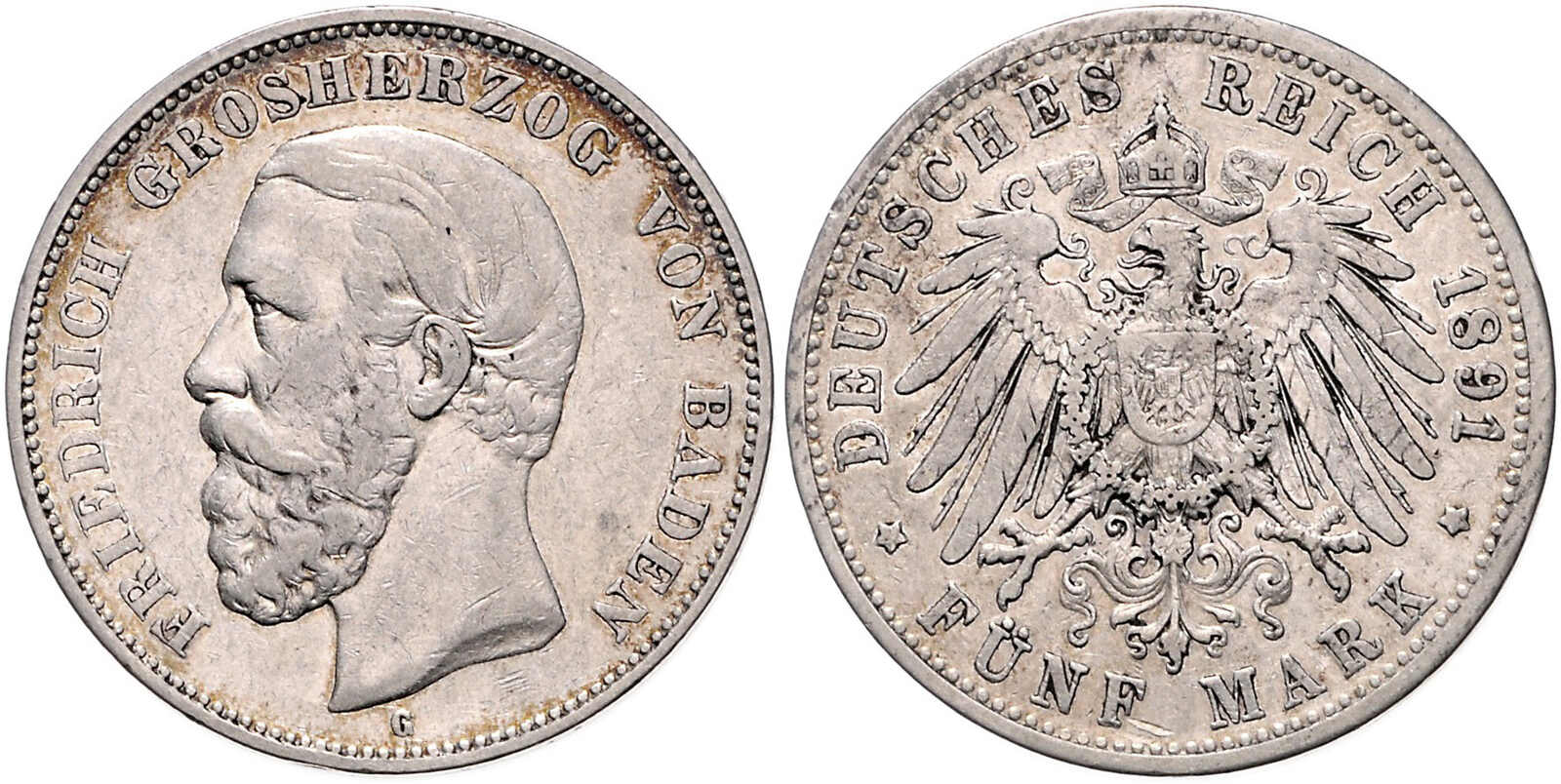 BADEN 5 Mark 1891 G ohne Querstrich beim A Jaeger 29 F