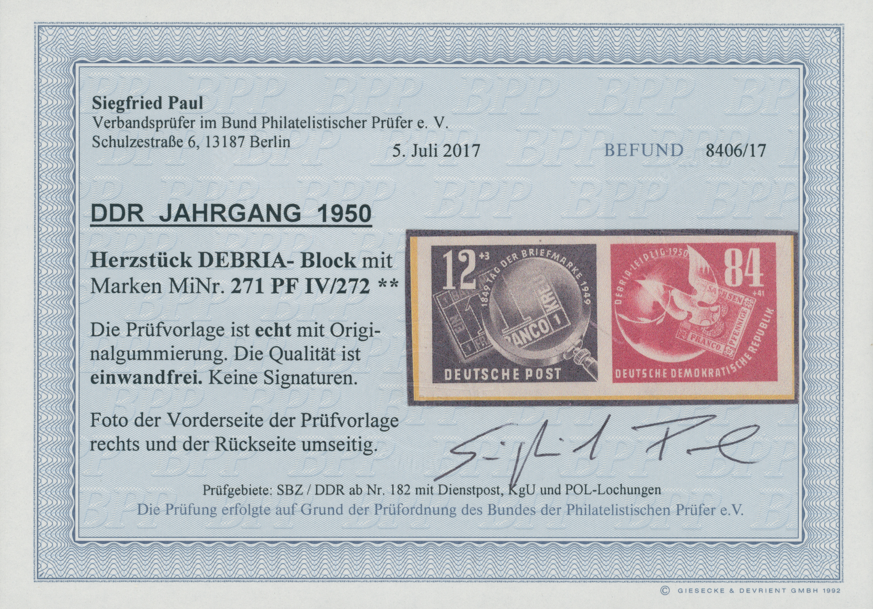 DDR 1950 MiNr. 271-272 mit 271 PF IV Herzstück aus Debria-Block mit Plattenfehler