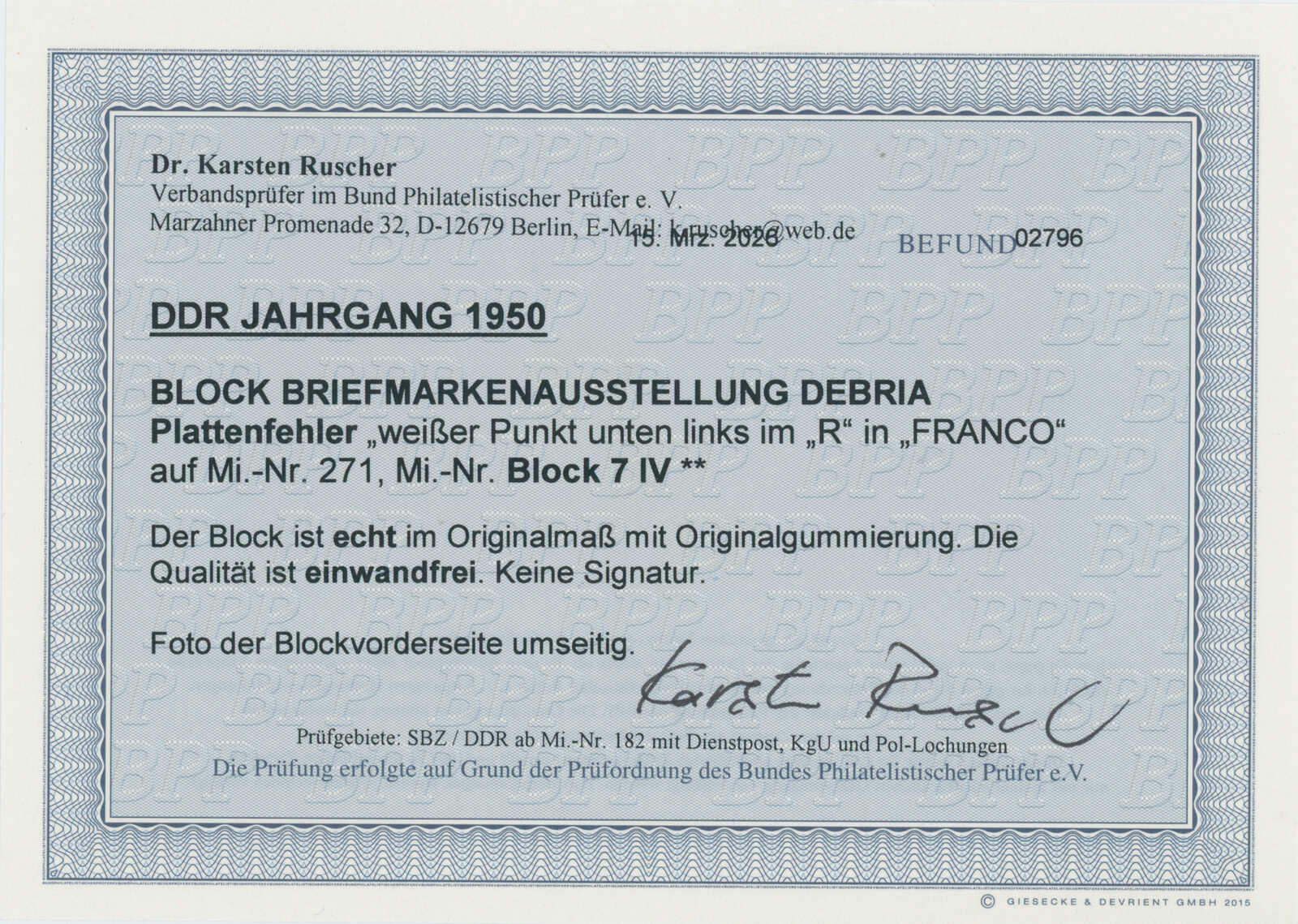 DDR 1950 Block 7 IV guter Plattenfehler
