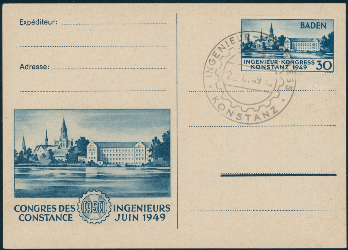 FZ BADEN MiNr. 46 I PF I, guter Plattenfehler auf amtlicher Ersttagskarte