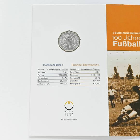 ÖSTERREICH 2004 5 Euro Silber 100 Jahre Fußball