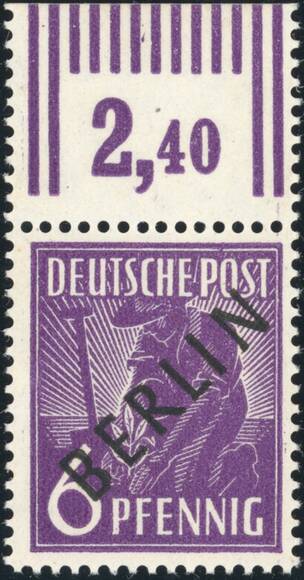 BERLIN 1948 MiNr. 2 x W OR dickes Papier mit Walzendruck-Oberrand BERLIN 1948 MiNr. 2 x W OR dickes Papier mit Walzendruck-Oberrand