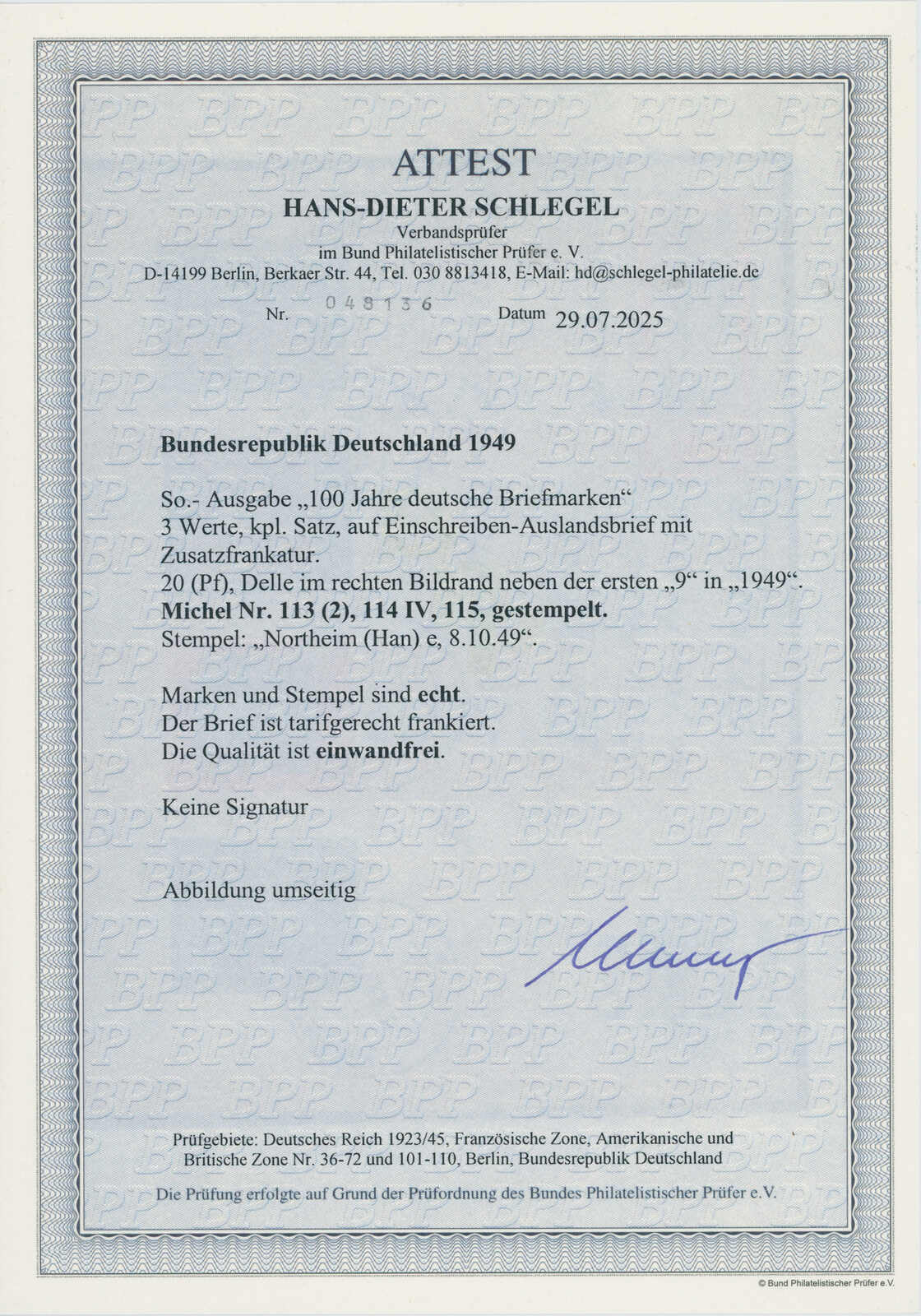 BRD 1949 MiNr. 113-115 mit 114 IV