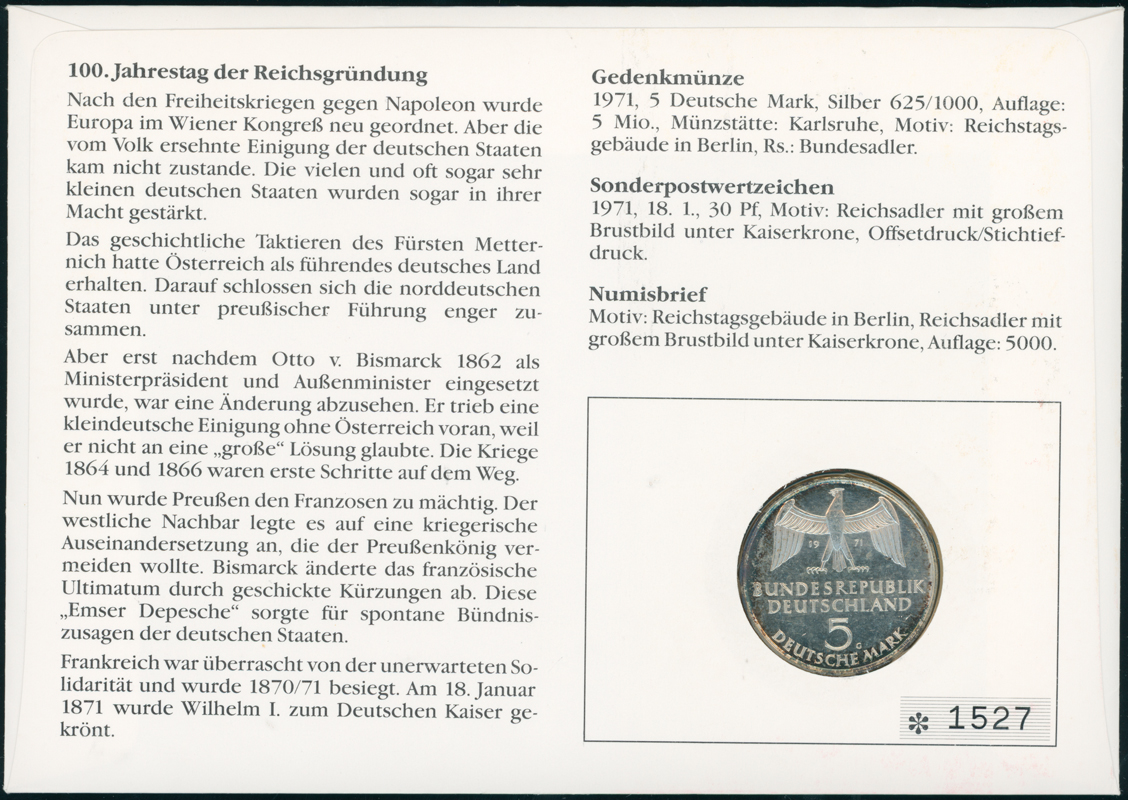 BRD 1971/1990 Numisbrief Reichsgründung
