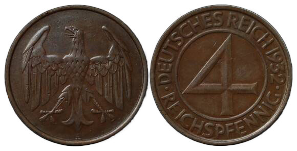 WEIMAR 4 Reichspfennig, 1932 A, Jaeger 315 WEIMAR 4 Reichspfennig, 1932 A, Jaeger 315