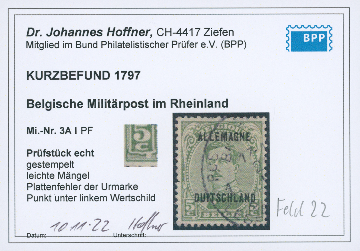 BELGISCHE MILITÄRPOST IM RHEINLAND 1919 MiNr. 3 A I PF