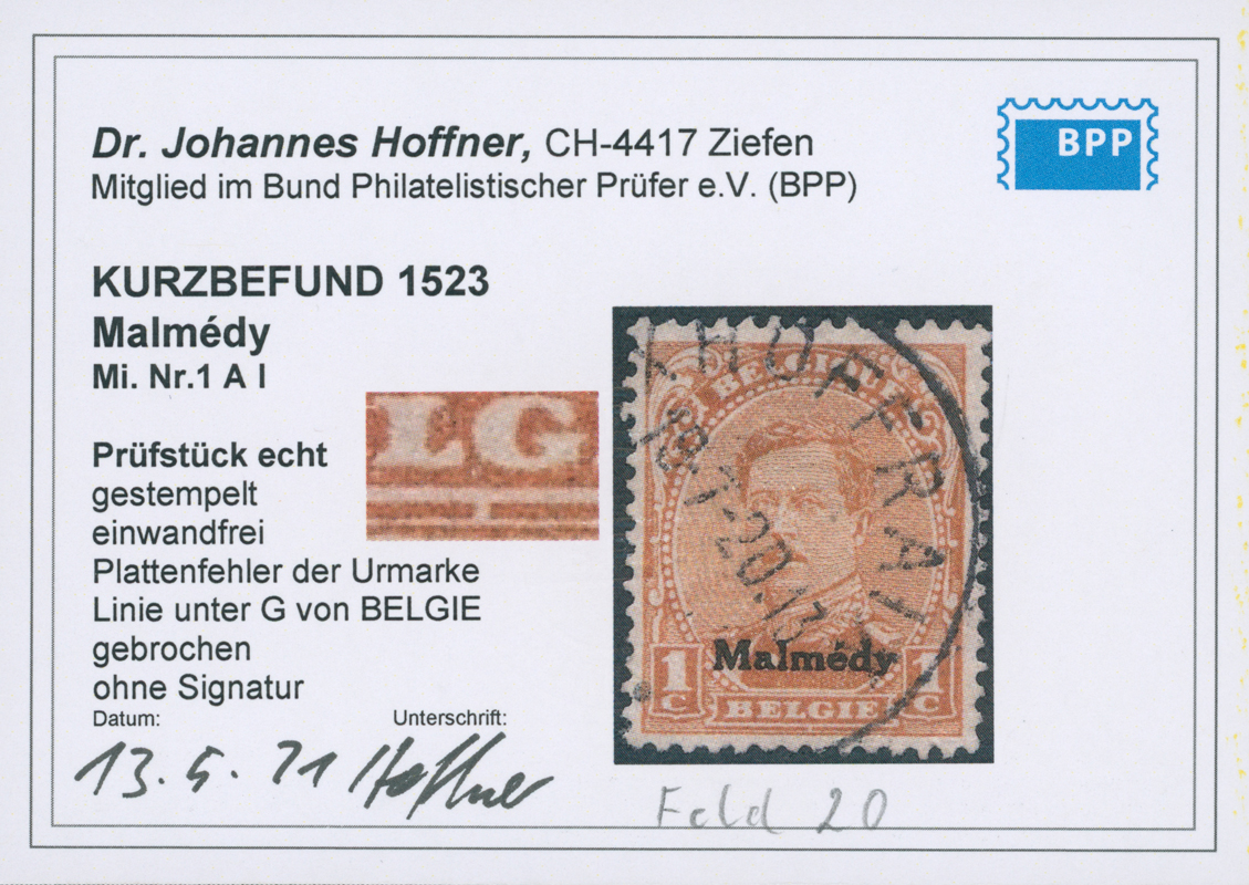 MALMÉDY 1920 MiNr. 1 A I PF
