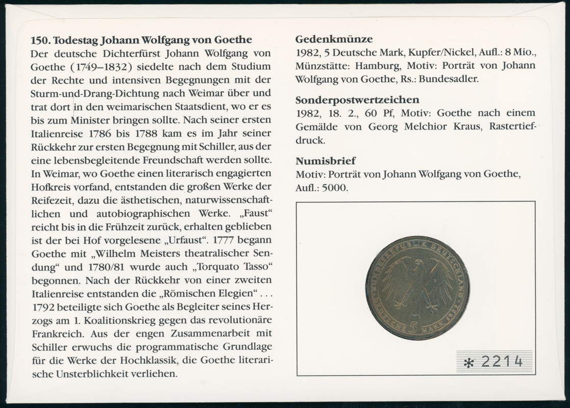 BRD 1982/1987 Numisbrief 150. Todestag Johann Wolfgang von Goethe