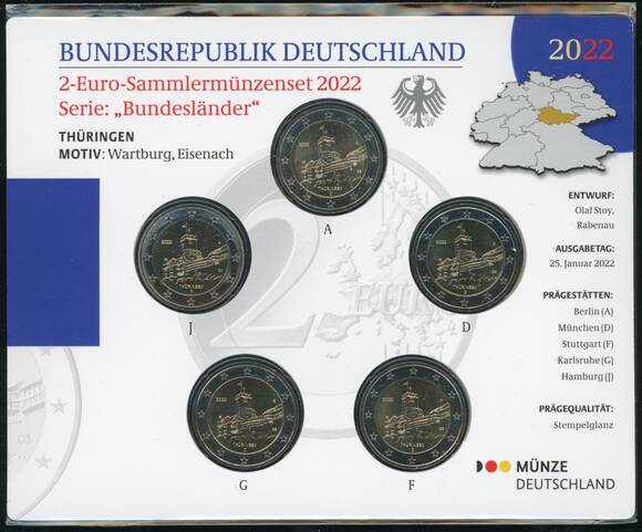 BRD 2022 Serie Bundesländer Thüringen 5 x 2 Euro