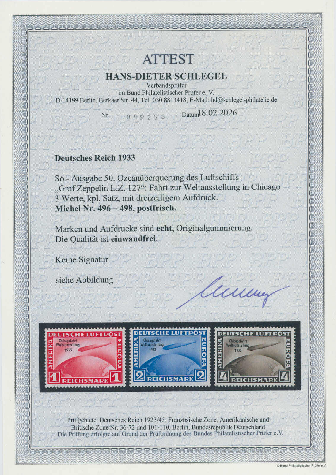 Deutsches Reich 1933 MiNr. 496-498 Chicagofahrt