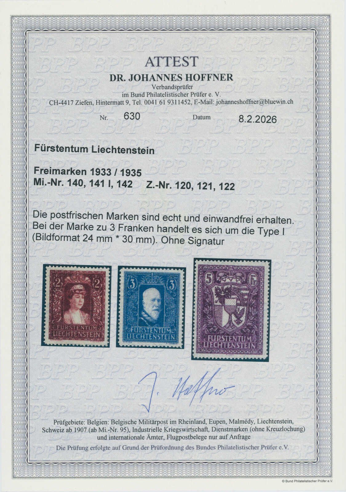 LIECHTENSTEIN 1933/1935, MiNr. 140-142