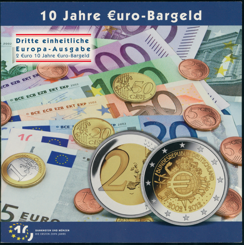 BRD 2012 10 Jahre Euro-Bargeld 5 x 2 Euro in schönem Folder