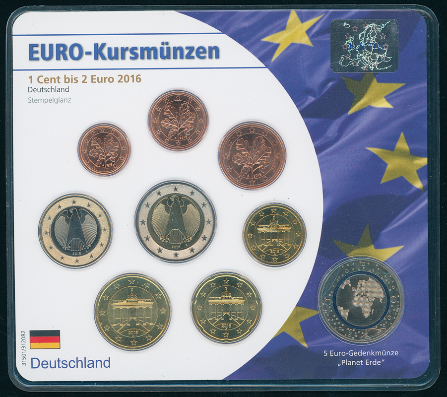BRD 5 Euro Polymer 2016 G Planet Erde im Euro-Kursmünzsatz