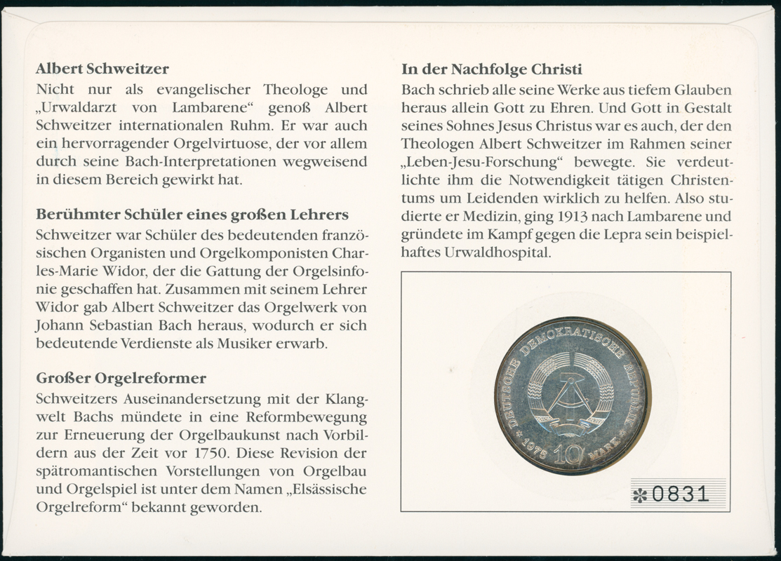 DDR/BRD 1975/1993 Numisbrief Albert Schweitzer mit DDR 10 Mark Jaeger 1554