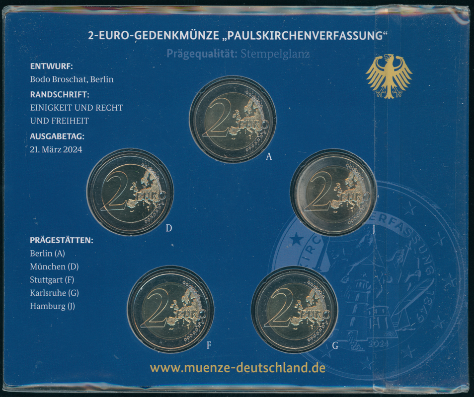 BRD 2024 5 x 2 Euro 175. Jubiläum Paulskirchenverfassung