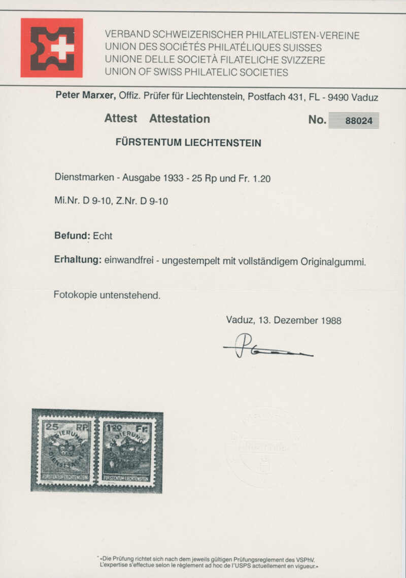 LIECHTENSTEIN 1933 Dienst MiNr. D 9-10
