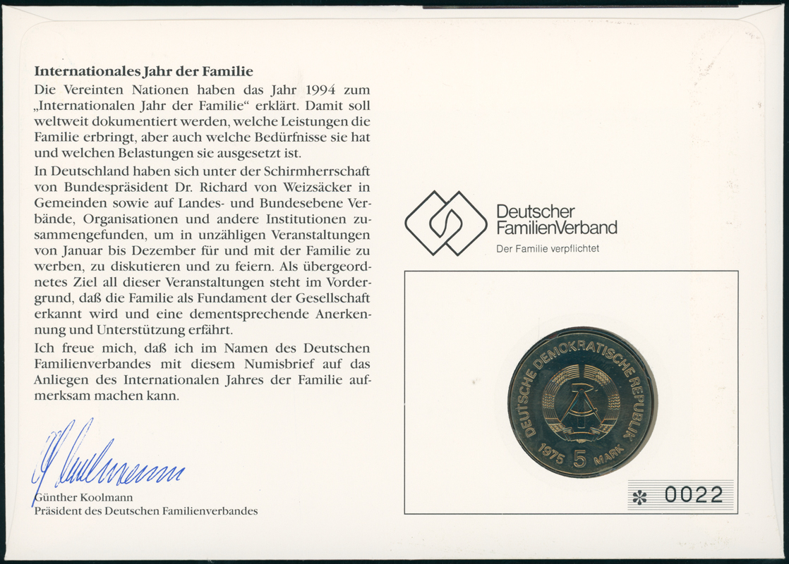 DDR/BRD 1975/1994 Numisbrief Internationales Jahr der Familie mit DDR 5 Mark Jaeger 1558