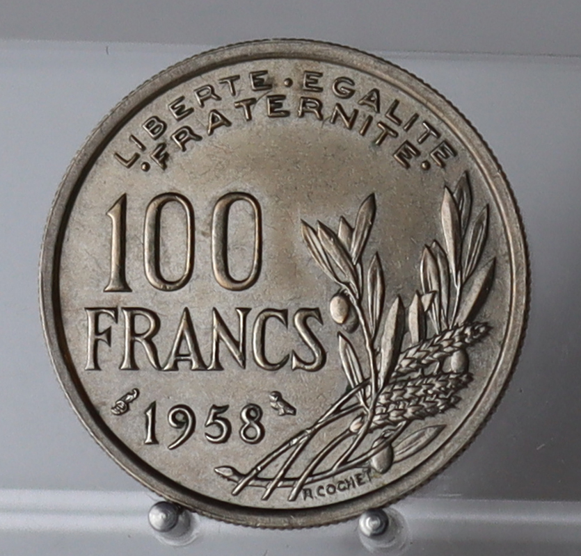 FRANKREICH 100 Francs Type Cochet, 1958 Graveurzeichen Eule FRANKREICH 100 Francs Type Cochet, 1958 Graveurzeichen Eule