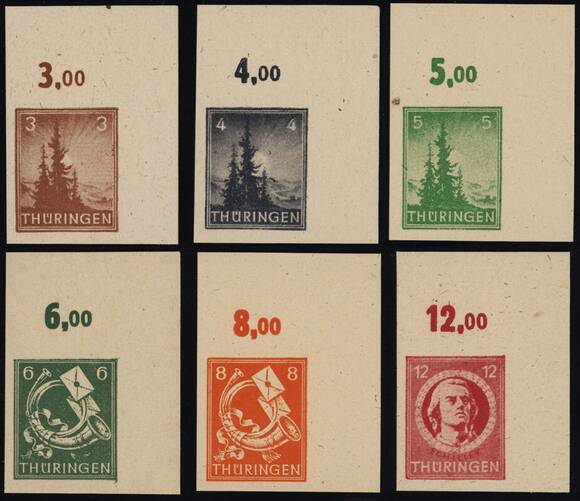 SBZ MiNr. 92-97 U, ungezähnt, komplette Serie rechte obere Bogenecke SBZ MiNr. 92-97 U, ungezähnt, komplette Serie rechte obere Bogenecke