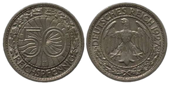 WEIMAR 50 Reichspfennig 1927 J, Jaeger 324 WEIMAR 50 Reichspfennig 1927 J, Jaeger 324