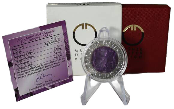 ÖSTERREICH 25 Euro 2005 Silber/Niob 50 Jahre Fernsehen