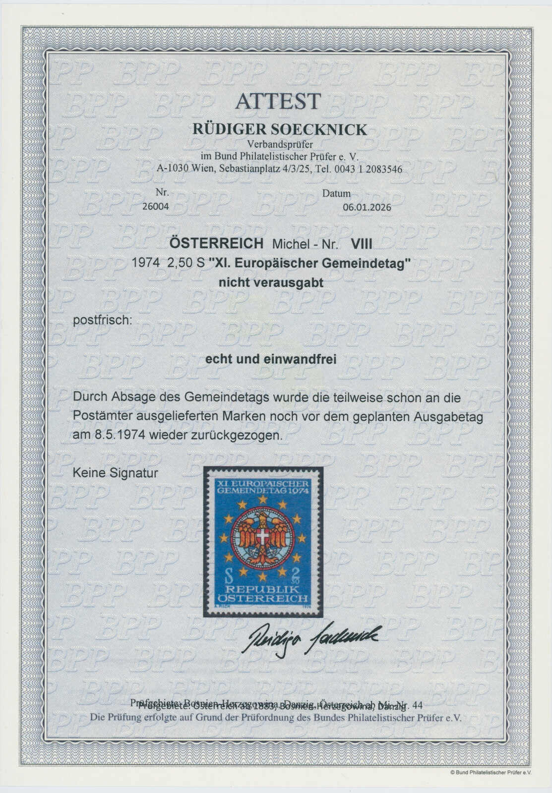ÖSTERREICH 1974 unverausgabte MiNr. VIII Europäischer Gemeindetag