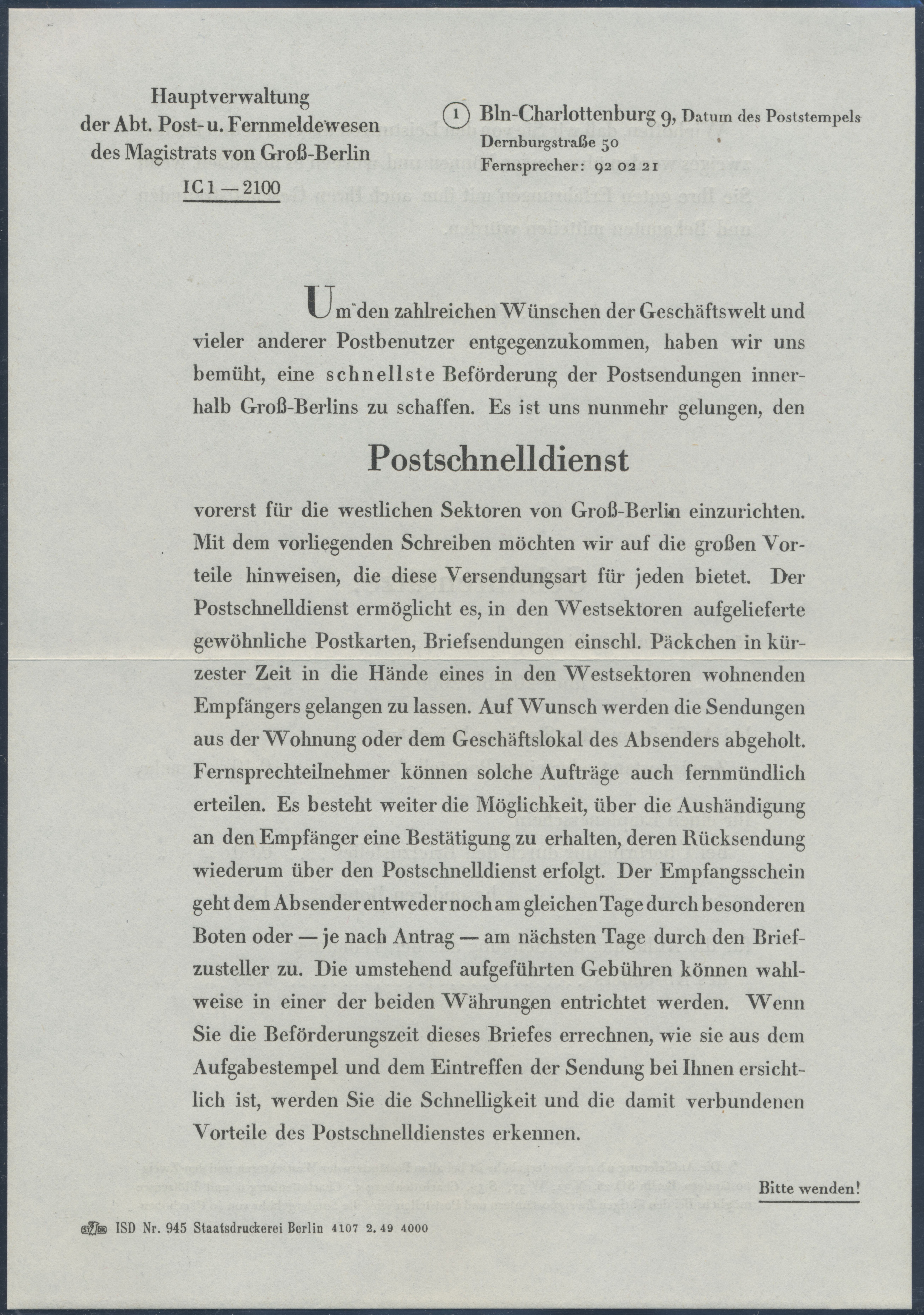 BERLIN 1949 Postschnelldienst-FDC mit MiNr, 17 a und Ankündigungsblatt