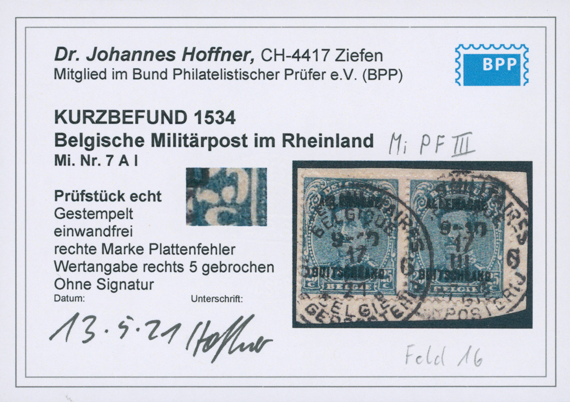BELGISCHE MILITÄRPOST IM RHEINLAND 1919 MiNr. 7 A I PF