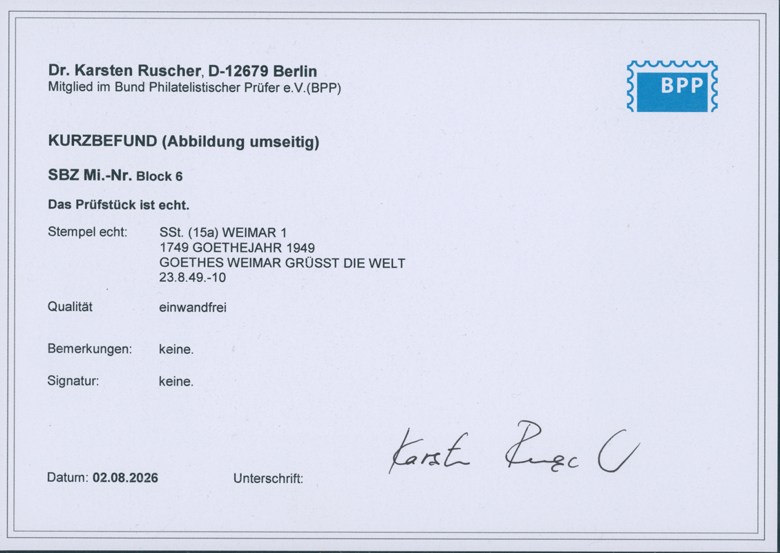 SBZ Block 6 mit besserem Sonderstempel
