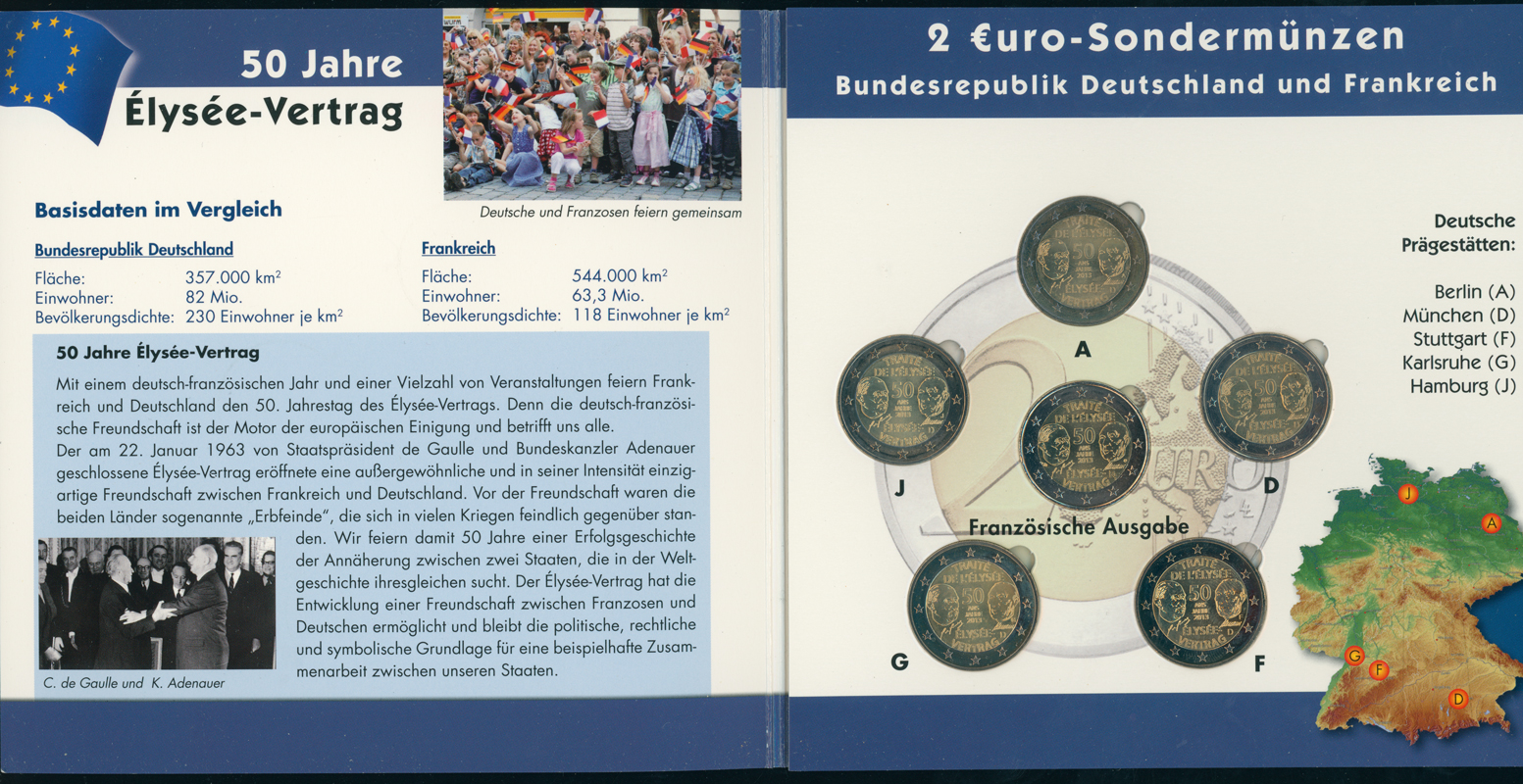 BRD 2013 50 Jahre Élysèe-Vertrag 5 x 2 Euro in schönem Folder