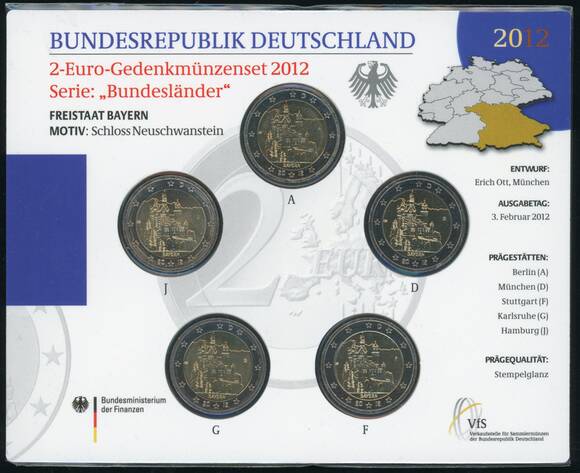 BRD 2012 Serie Bundesländer Bayern 5 x 2 Euro