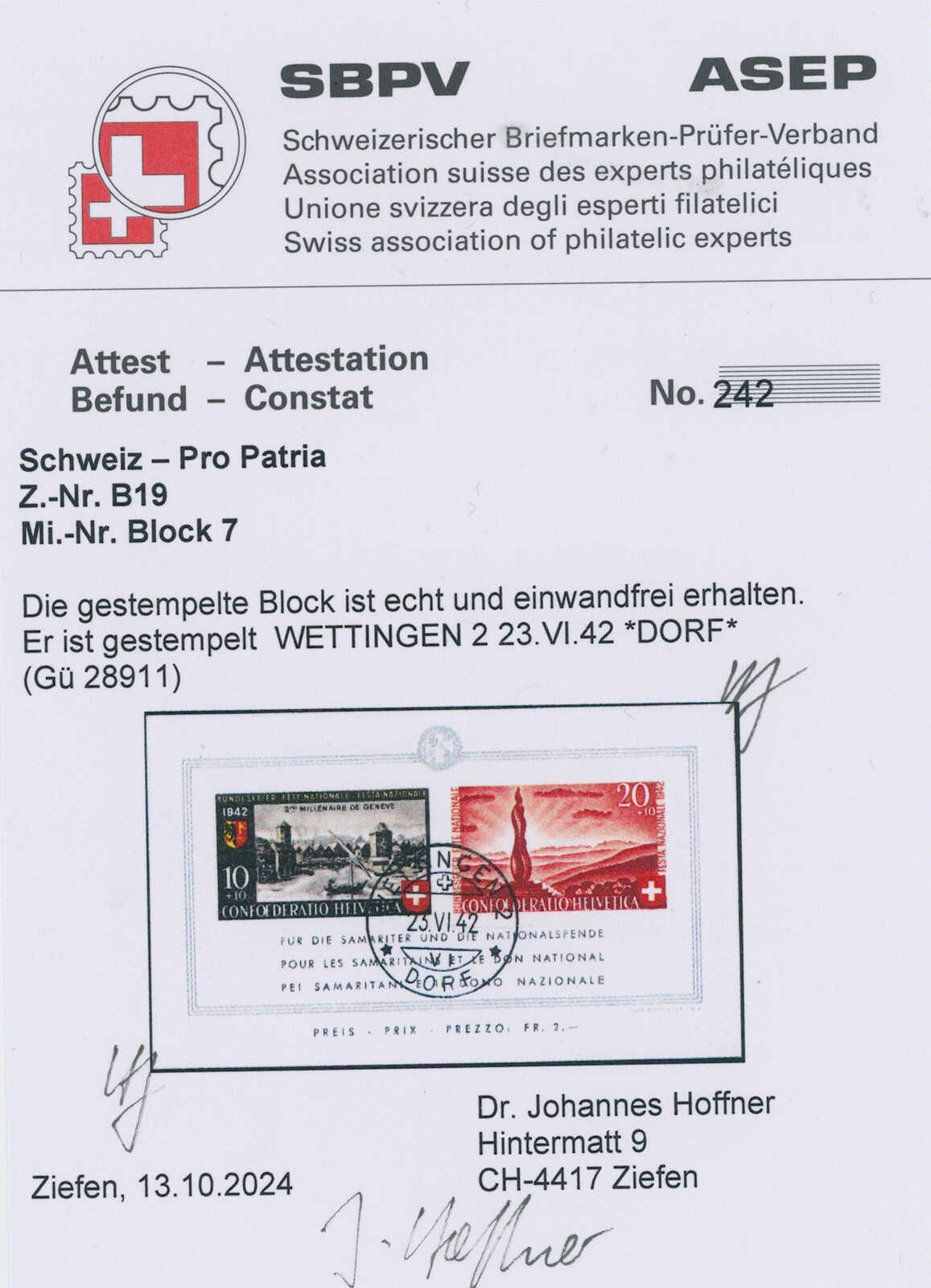 SCHWEIZ 1942 Block 7