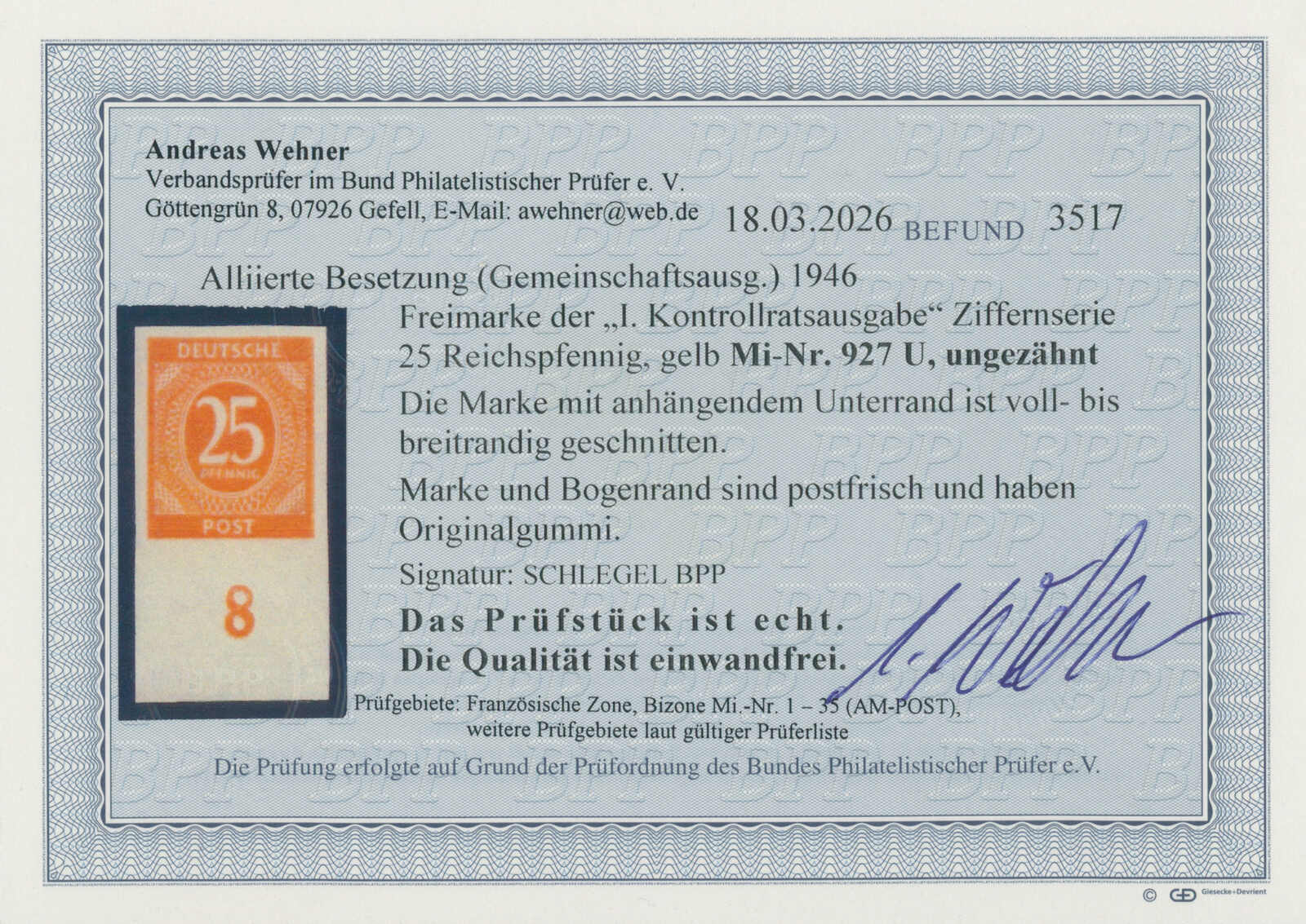 ALL.BES. 1946 MiNr. 927 U ungezähnt