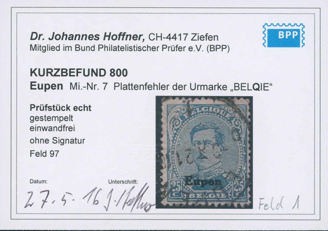 EUPEN 1920 MiNr. 7 A I PF