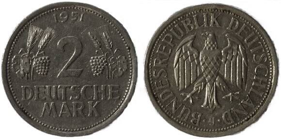 BRD 2 DM Ähren 1951 J, Jaeger 386