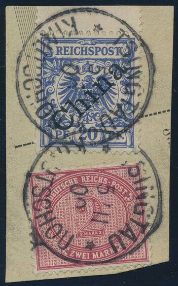 KIAUTSCHOU 1900 MiNr. V 37 e, V 4 I auf Briefstück KIAUTSCHOU 1900 MiNr. V 37 e, V 4 I auf Briefstück