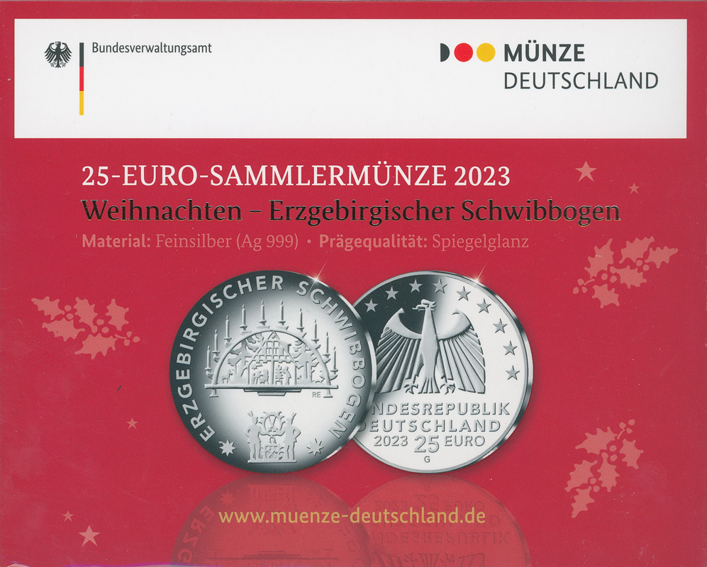 BRD 25 Euro 2023 G Weihnachten - Erzgebirgischer Schwibbogen BRD 25 Euro 2023 G Weihnachten - Erzgebirgischer Schwibbogen
