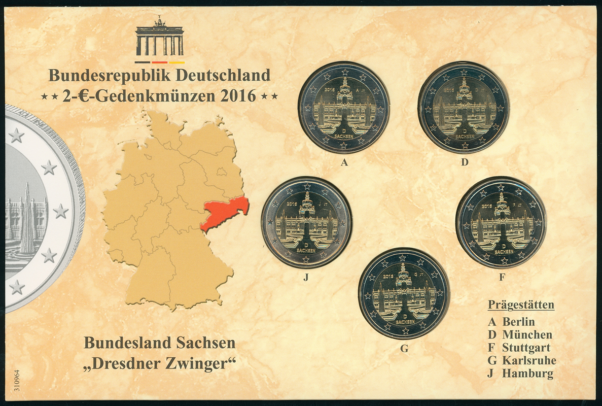 BRD 2016 Serie Bundesländer Sachsen 5 x 2 Euro BRD 2016 Serie Bundesländer Sachsen 5 x 2 Euro